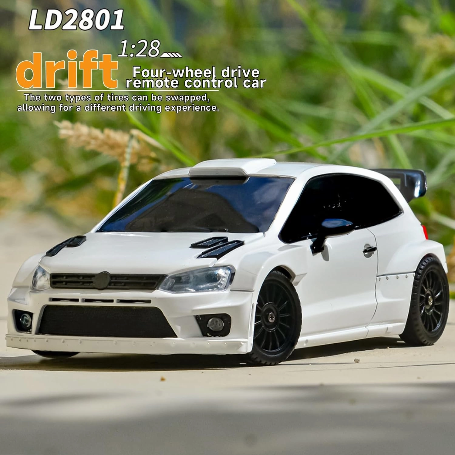 LD2801 1/28 Mini RC Drift Car GTR 2.4GHz 4WD RTR with 4PCS Drift Tires Racing Radio Control Cars (White)