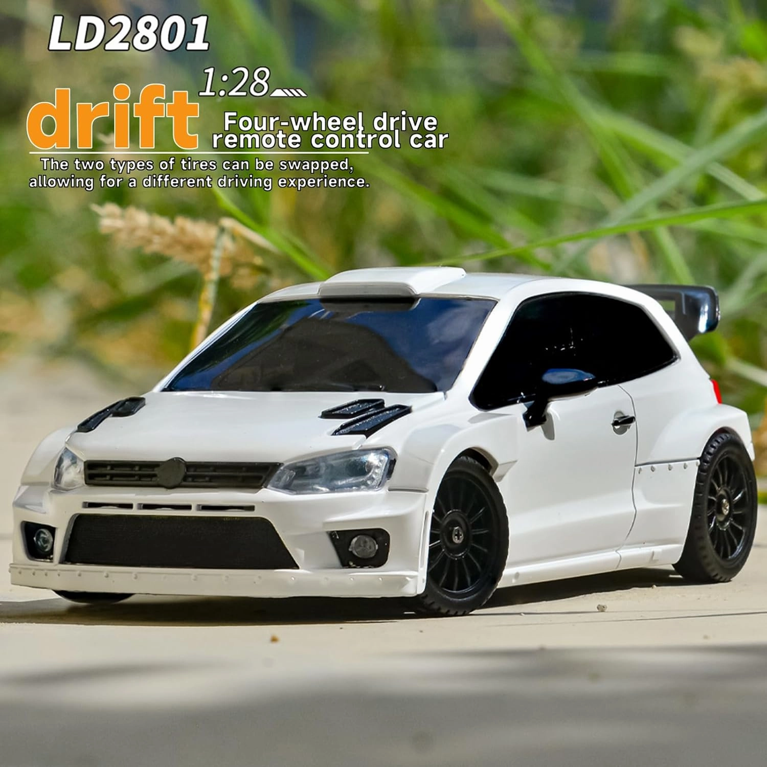 LD2801 Mini RC Drift Car 1/28 Scale RTR Remote Control 4WD Racing Cars with 4PCS Drift Tires and LED Searchlight for Hobby Gift (White)