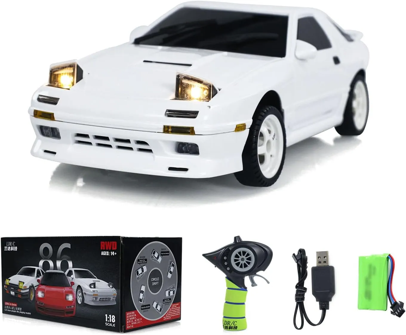 LDRC 1/18 Rx7 RC Racing Car RWD Gyroscope Wireless Control Drift Vehicles LD1802 Light System Motor Servo ESC(White)