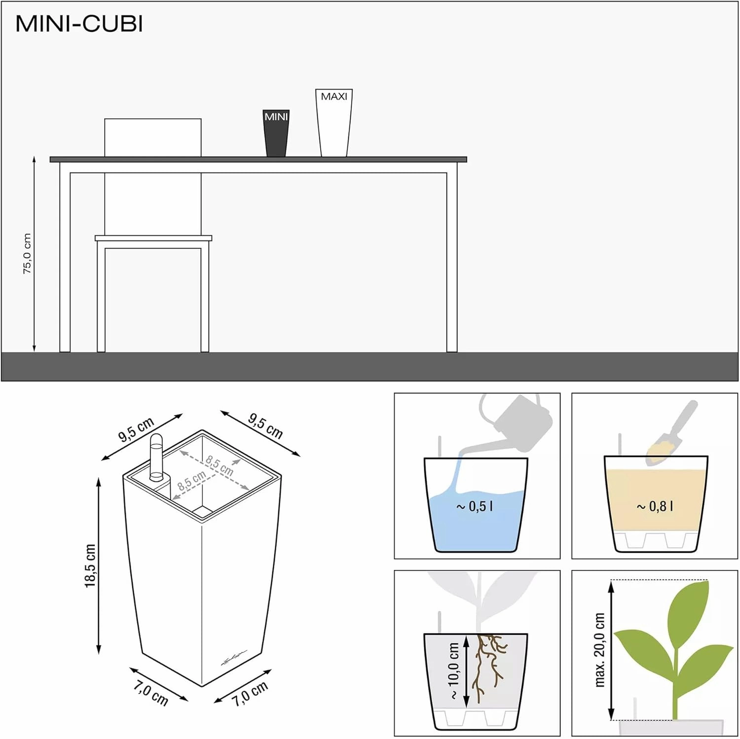 Lechuza Cubi Premium 9 Planter with Water Level Indicator, Mini, White High-Gloss