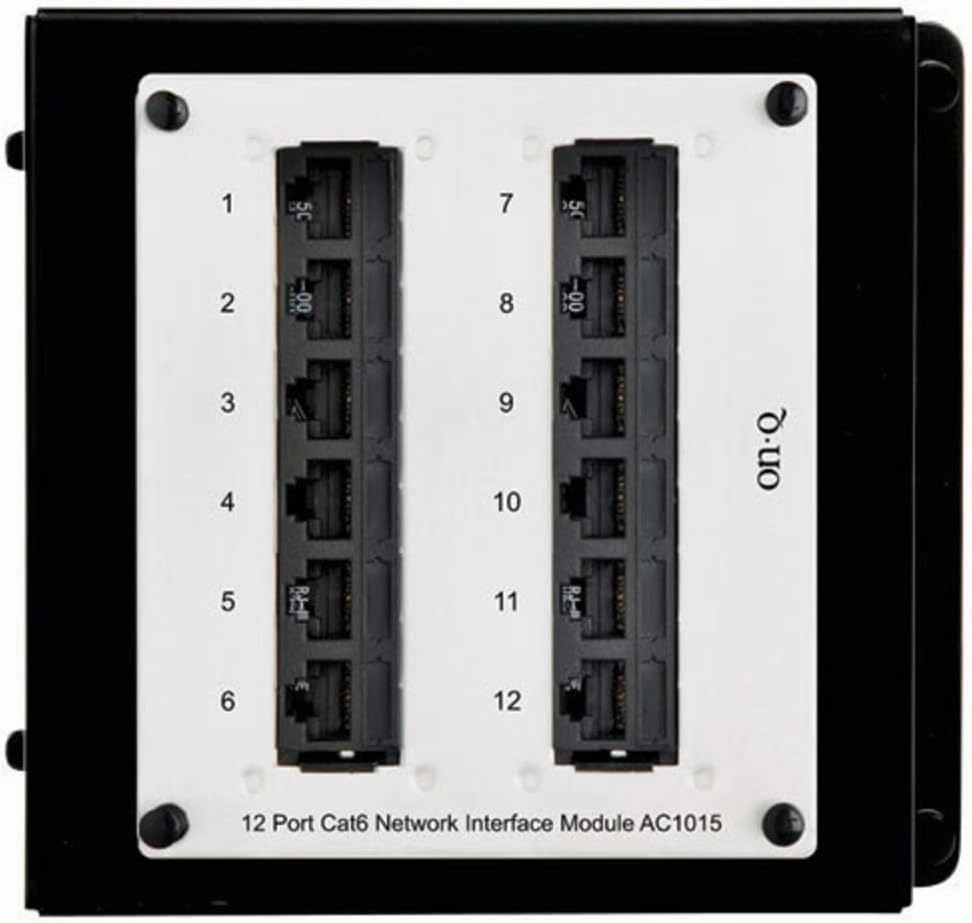 Legrand - OnQ Network Interface Module for Wireless Modem, Home Network Board with 12 Port Switch Design, Cat6 Network Interface Module Labeled 1 Through 12, Black and White, AC1015