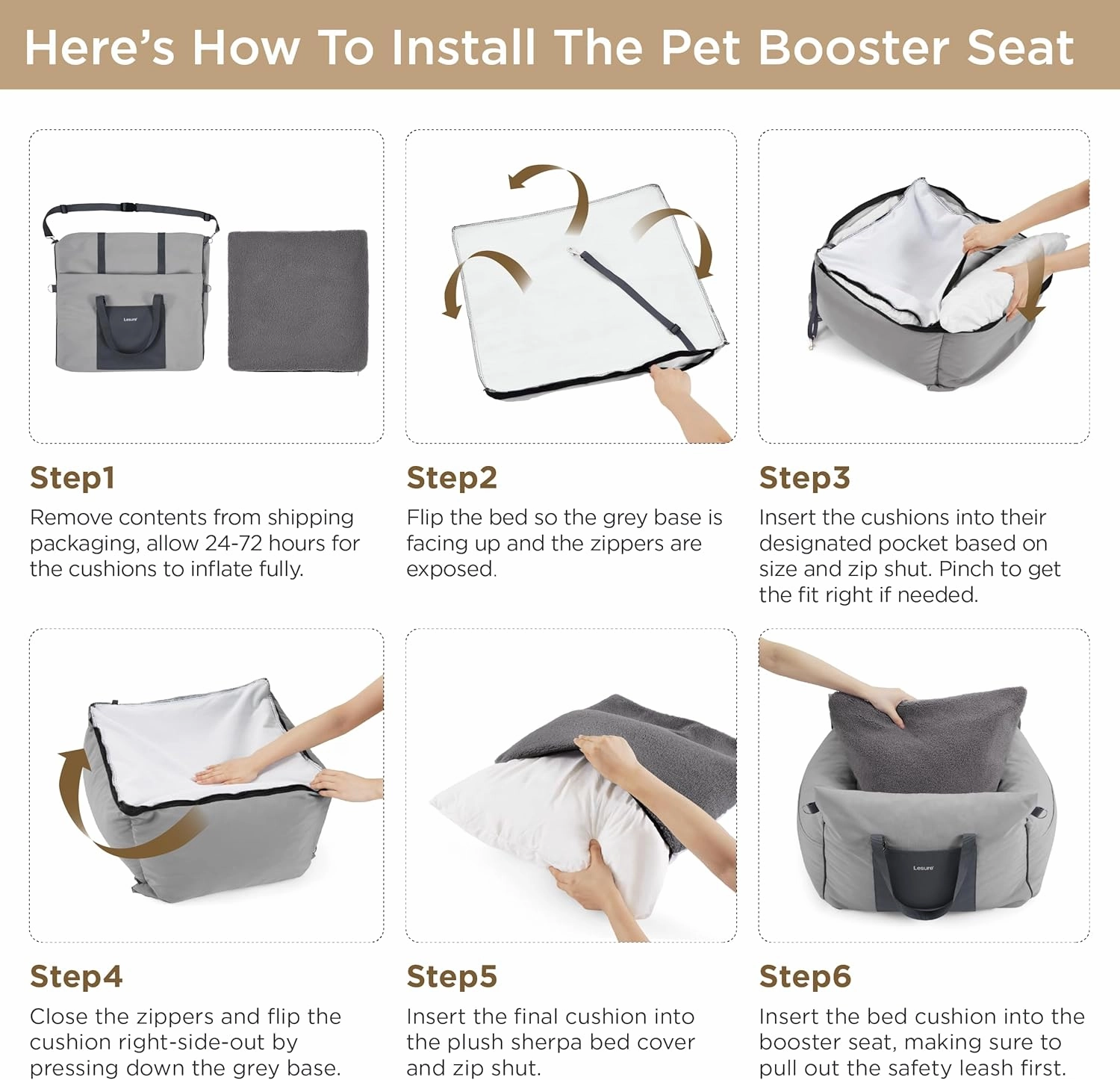 Lesure Small Dog Car Seat for Small Dogs - Waterproof Dog Booster Seat for Car with Storage Pockets and Clip-On Safety Leash and Thickened Memory Foam Filling, Pet Carseat Travel Carrier Bed, Grey
