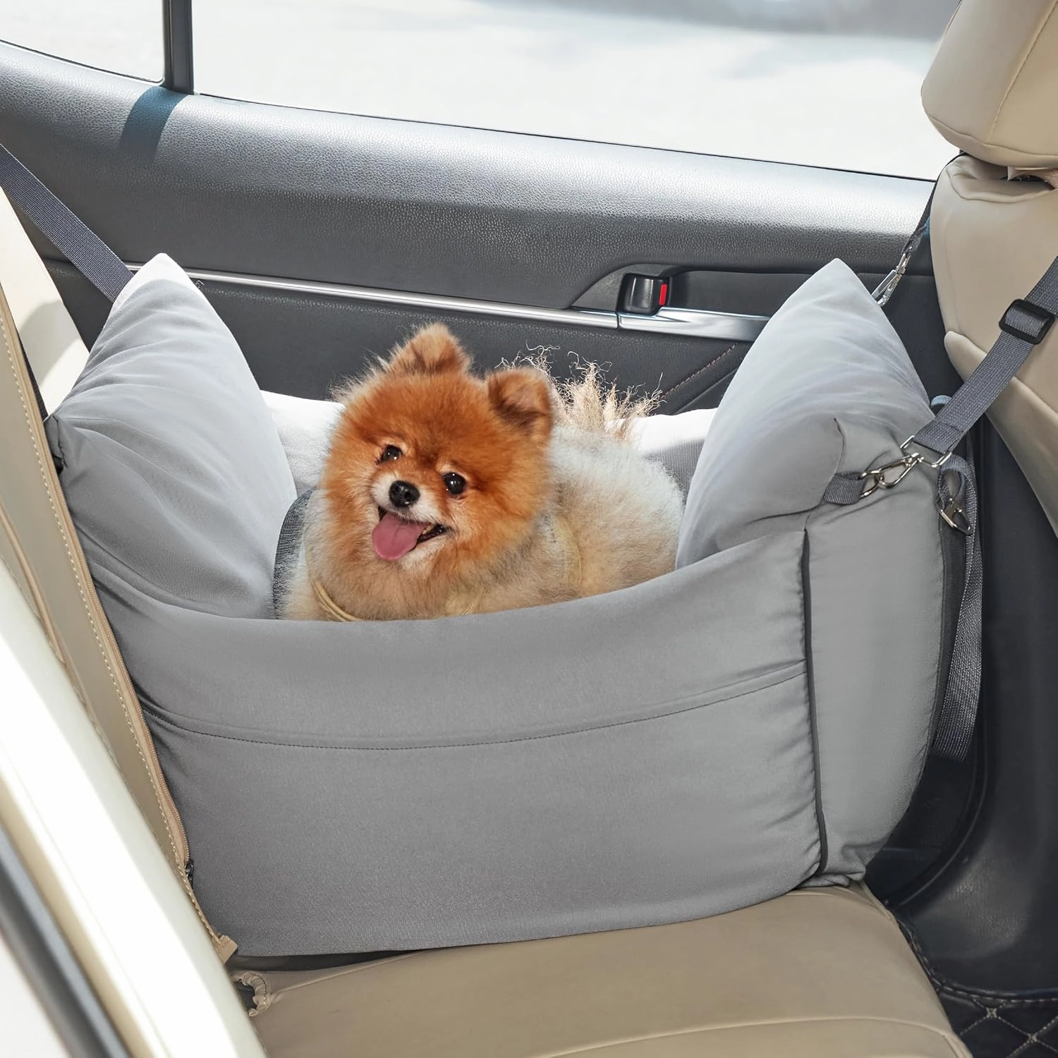 Lesure Small Dog Car Seat for Small Dogs - Waterproof Dog Booster Seat for Car with Storage Pockets and Clip-On Safety Leash and Thickened Memory Foam Filling, Pet Carseat Travel Carrier Bed, Grey