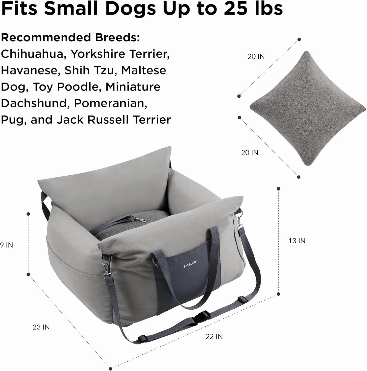 Lesure Small Dog Car Seat for Small Dogs - Waterproof Dog Booster Seat for Car with Storage Pockets and Clip-On Safety Leash and Thickened Memory Foam Filling, Pet Carseat Travel Carrier Bed, Grey