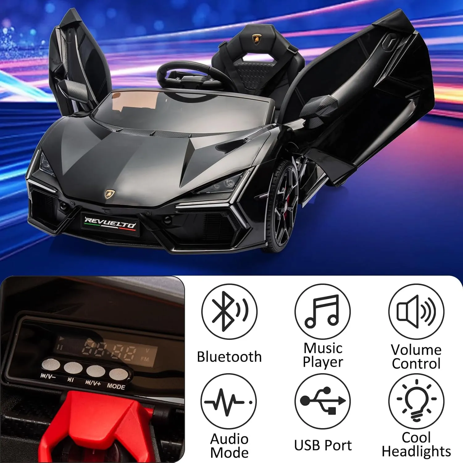 Licensed Lamborghini Revuelto Ride On Car for Kids, 12V Battery Powered Electric Vehicle, Remote Control Sports Car Toy with Music, Bluetooth, USB, Headlight, Black