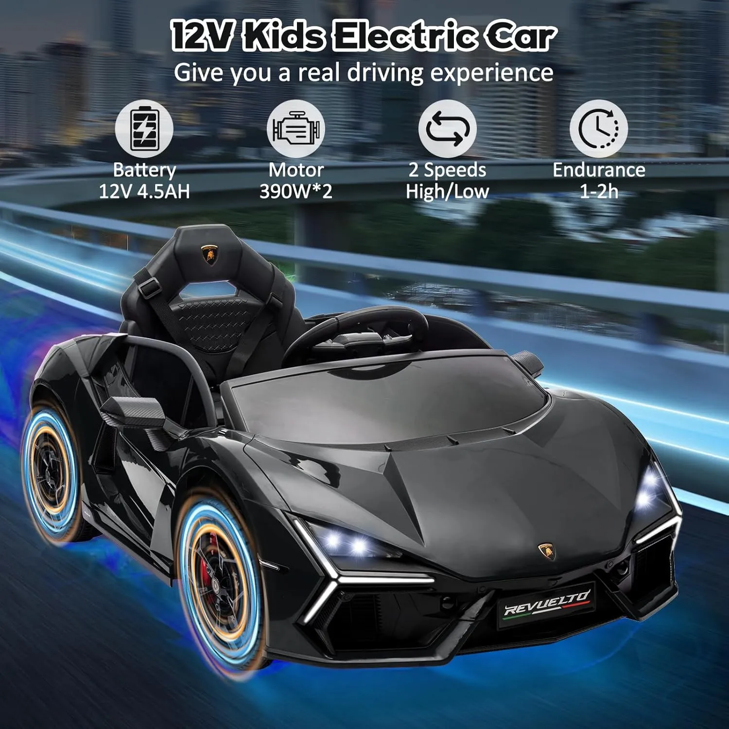 Licensed Lamborghini Revuelto Ride On Car for Kids, 12V Battery Powered Electric Vehicle, Remote Control Sports Car Toy with Music, Bluetooth, USB, Headlight, Black