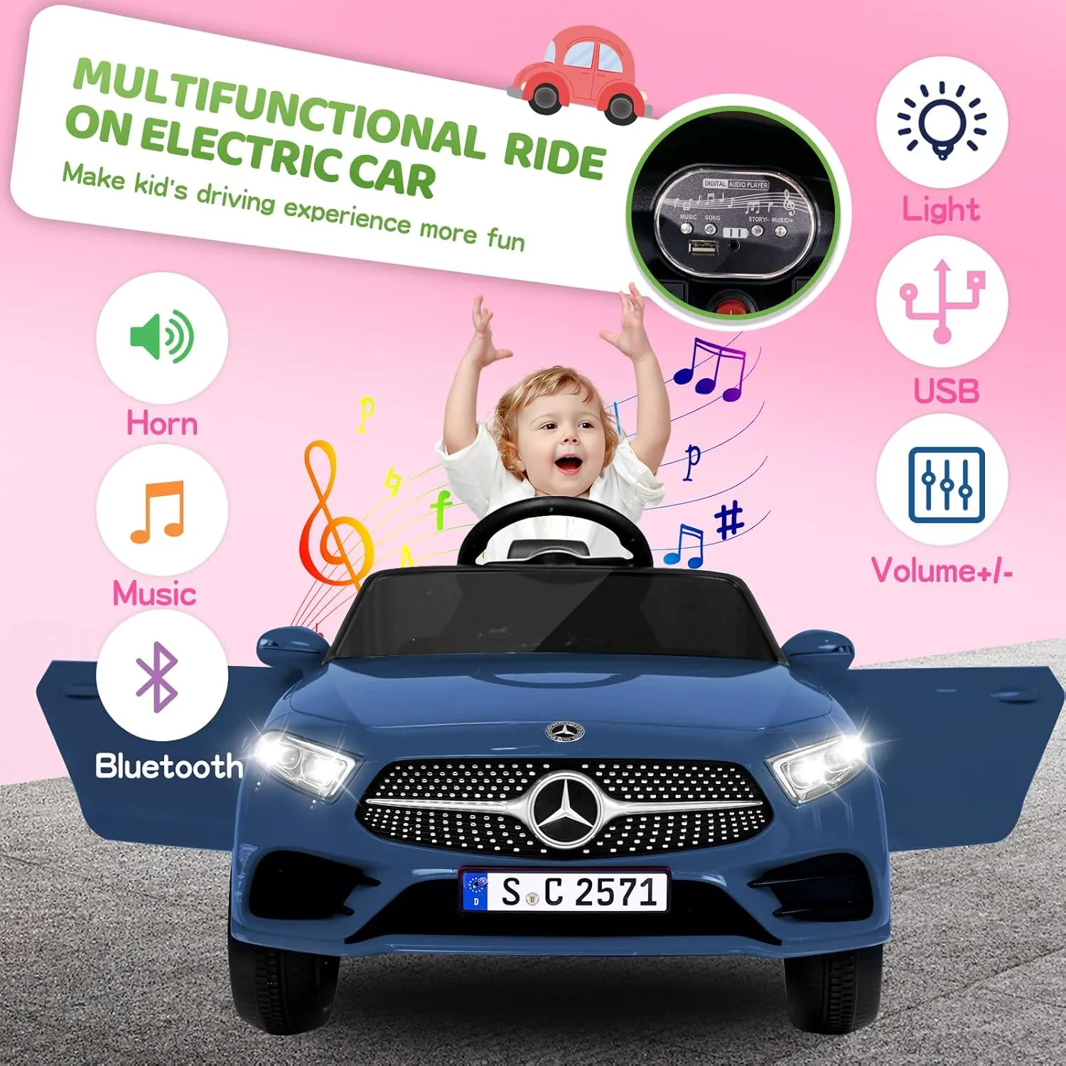 Licensed Mercedes Benz Electric Car for Kids 12V Ride On Car with Remote Control, LED Lights, AUX Port, Music Players, Bluetooth, Lockable Doors, Soft Start (Blue)