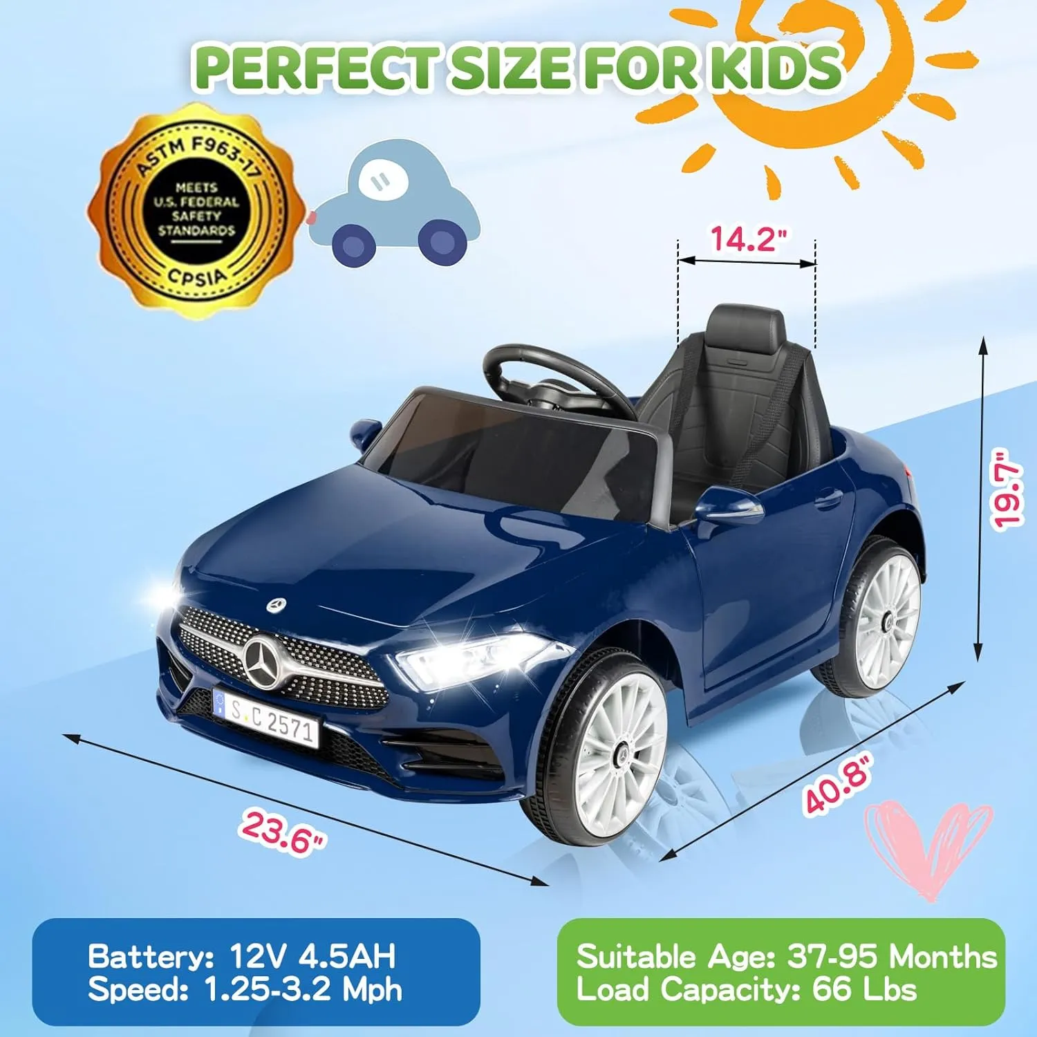 Licensed Mercedes Benz Electric Car for Kids 12V Ride On Car with Remote Control, LED Lights, AUX Port, Music Players, Bluetooth, Lockable Doors, Soft Start (Blue)