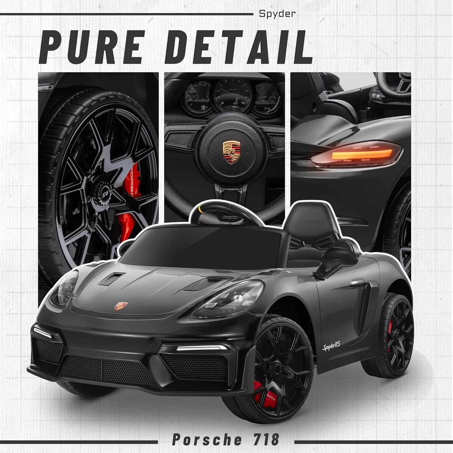 Licensed Porsche 718 12V Electric Car for Kids, Ride on Toys for Toddler, Child Ride on Car w/Parent Remote, Led Lights, Openable Doors, MP3 Player, Smooth Start, 3 Speeds (Black)