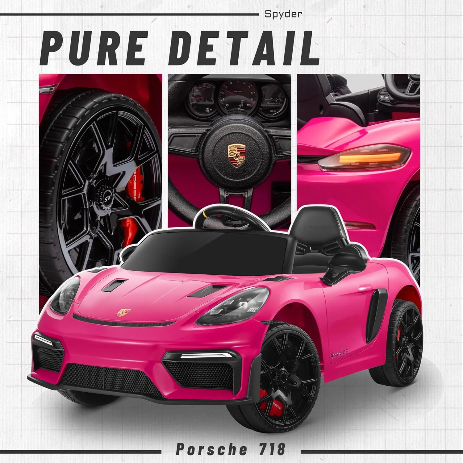Licensed Porsche 718 12V Ride on Toy for Toddler, Ride on Car for Kids with Remote Control, Child Electric Car w/Horn, Radio, USB, Spring Suspension, Opening Door, Led Light (Pink)