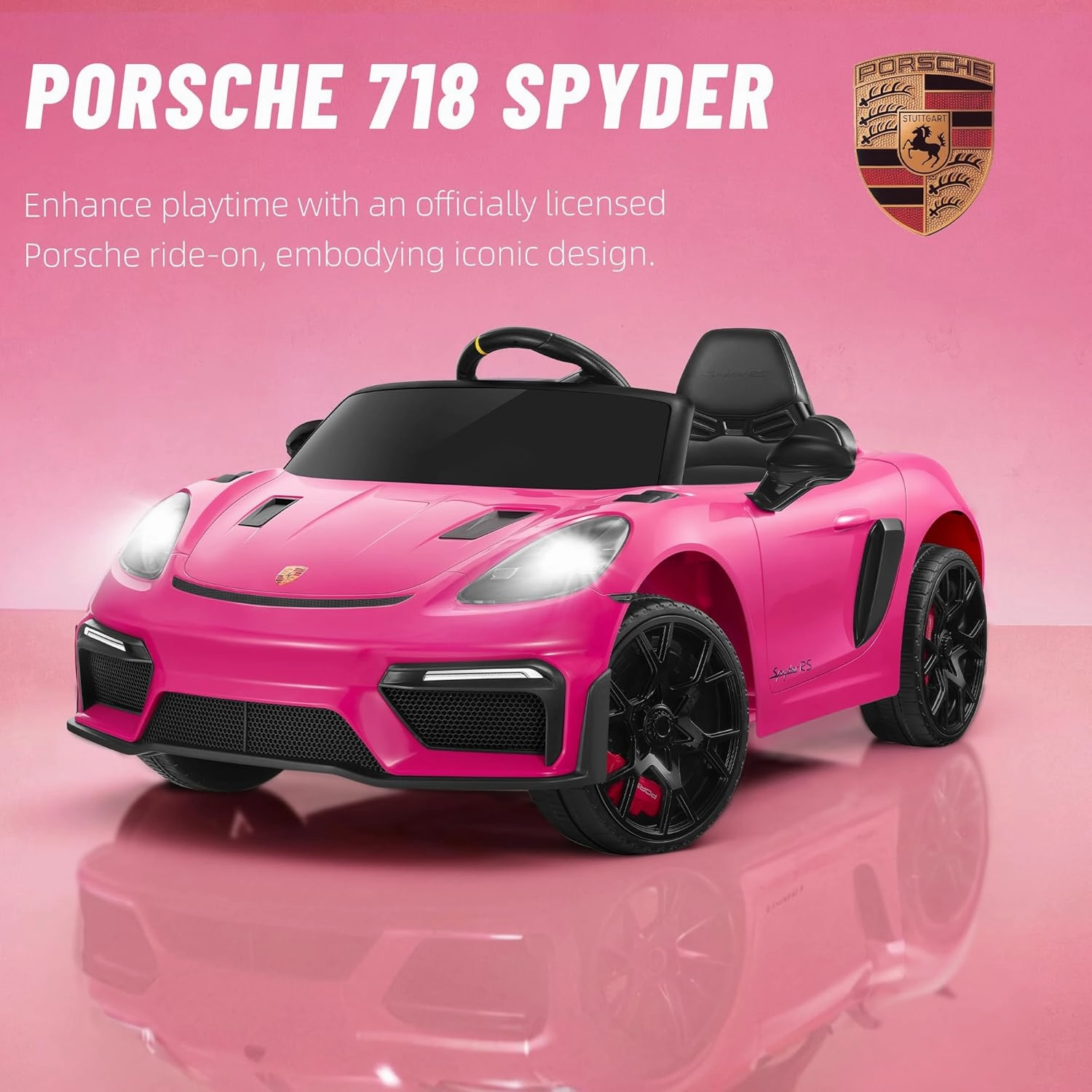Licensed Porsche 718 12V Ride on Toy for Toddler, Ride on Car for Kids with Remote Control, Child Electric Car w/Horn, Radio, USB, Spring Suspension, Opening Door, Led Light (Pink)
