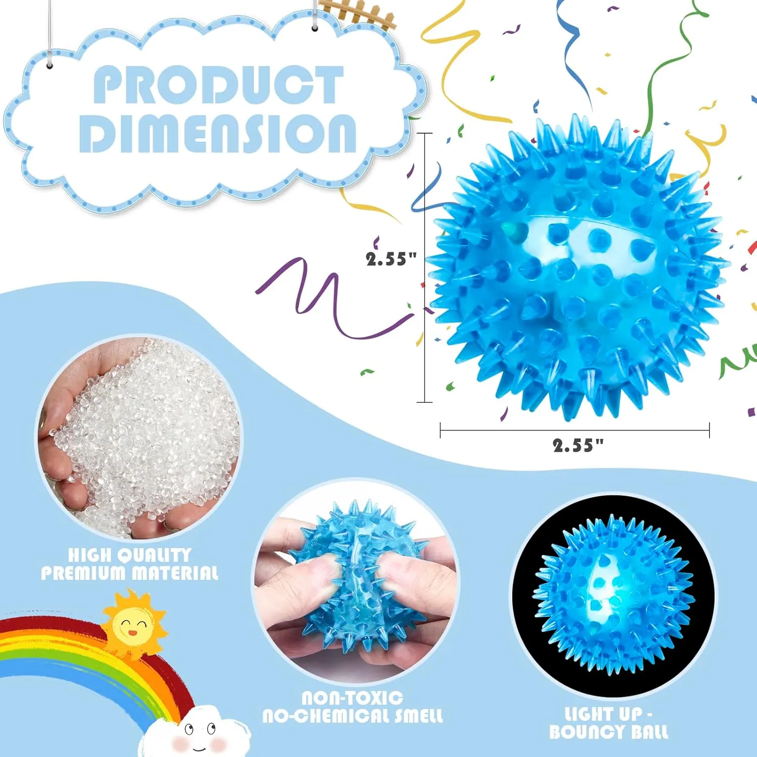 Light Up Bouncy Balls, 2.55" Glow in The Dark Party Favor for Kids Adults Stress Relief,LED Flashing Soft Spike Balls Bulk Toys for Gifts School Rewards