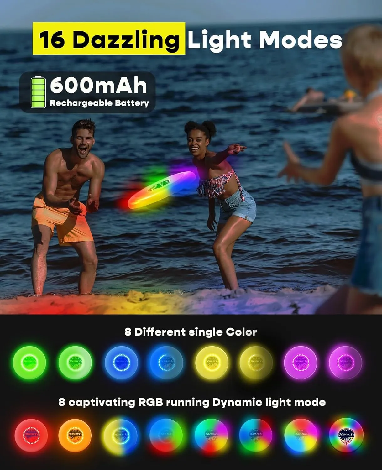 Light Up Flying Disc, 175g Glow Disc with 30 RGBs, 16 Lighting Modes, 4 Brightness, 600mAh Rechargeable Battery, Built-in Timer and Sensor for Competitive & Casual Play, Gift for Men/Boys/Teens