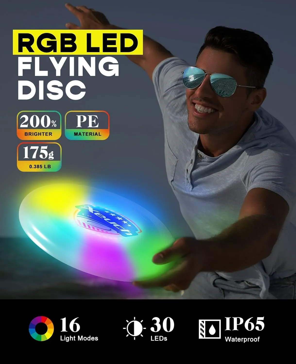Light Up Flying Disc, 175g Glow Disc with 30 RGBs, 16 Lighting Modes, 4 Brightness, 600mAh Rechargeable Battery, Built-in Timer and Sensor for Competitive & Casual Play, Gift for Men/Boys/Teens