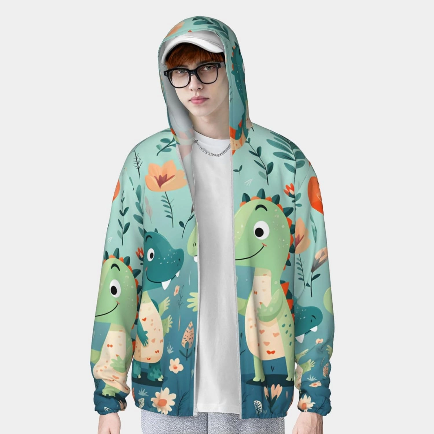 Lightweight UV Protection Sun Jacket, Lovely Little Dinosaur Baby Print Sportswear Hooded Sunblock Shirt for Outdoor