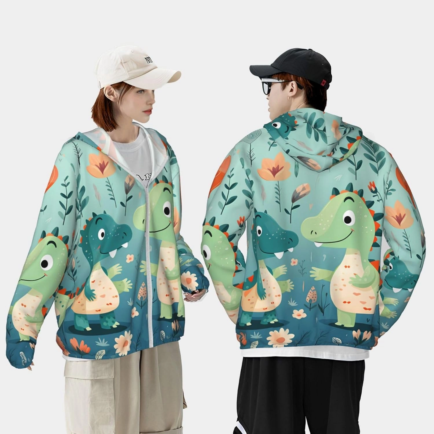 Lightweight UV Protection Sun Jacket, Lovely Little Dinosaur Baby Print Sportswear Hooded Sunblock Shirt for Outdoor