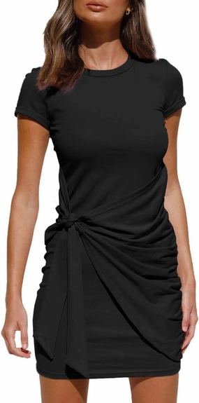 LILLUSORY Womens Casual Short Sleeve T Shirt Dress 2025 Summer Bodycon Wrap Ruched Mini Night Out Sundress