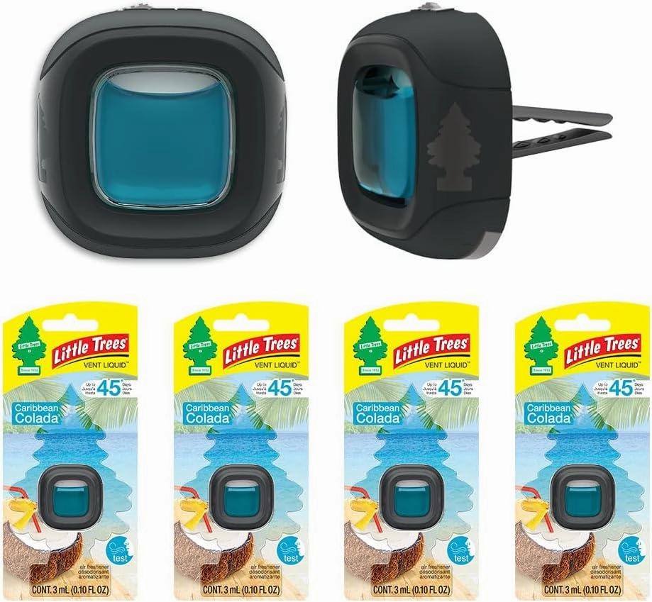 LITTLE TREES Caribbean Colada Car Air Freshener, 4 Vent Liquid Providing Long-Lasting Scent for Auto or Home, Compact Design, Fully Adjustable, Concentrated Fragrance Oil, 45 Days