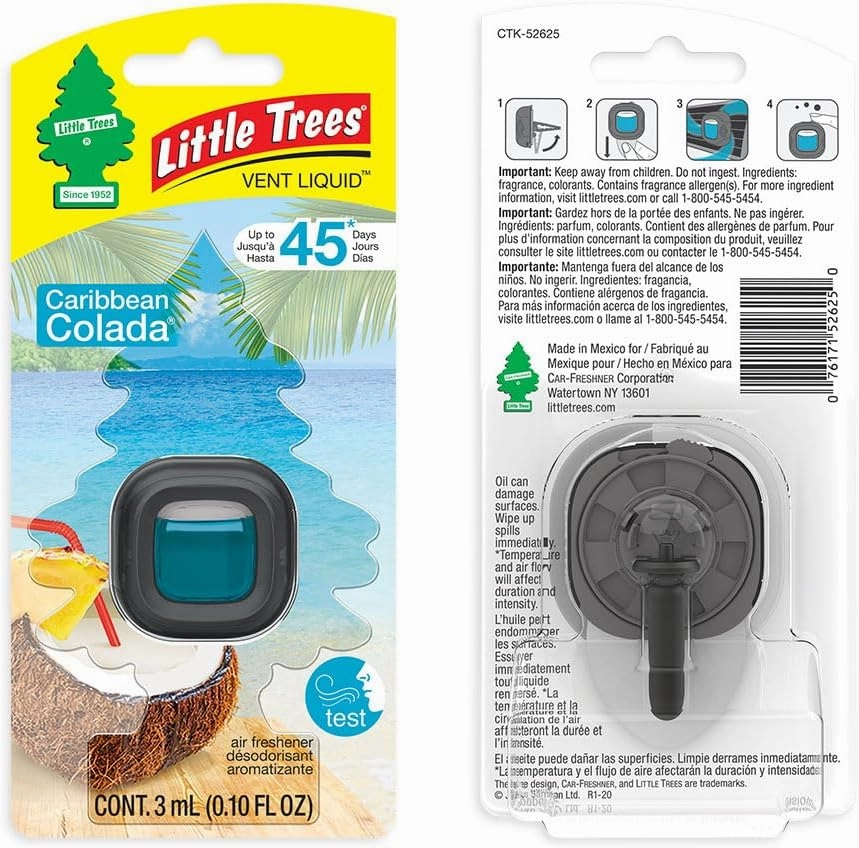 LITTLE TREES Caribbean Colada Car Air Freshener, 4 Vent Liquid Providing Long-Lasting Scent for Auto or Home, Compact Design, Fully Adjustable, Concentrated Fragrance Oil, 45 Days