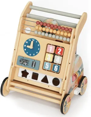 LOL-FUN Wooden Baby Walker with Double-Sided Busy Board, Push Walker for Baby with Adjustable Speed Wheels, Activity Learning Walker for Boys 6-12 Months