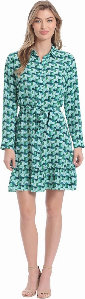 London Times Women's Long Sleeve Flounce Hem Shirt Dress, Aqua Splash/Shaded Spruce