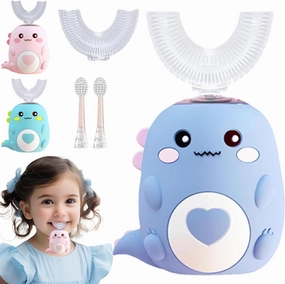 Lulabini Toothbrush, Dino Brush for Kid,U Shaped Toothbrush Kids,Dinobrush 360 Kids Ultrasonic Toothbrushs,Dinobrush Cartoon Design U Shaped UltrasonicToothbrush,Ipx7 Waterproof (Blue, 6-12 Years)