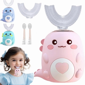 Lulabini Toothbrush, Dino Brush for Kid,U Shaped Toothbrush Kids,Dinobrush 360 Kids Ultrasonic Toothbrushs,Dinobrush Cartoon Design U Shaped UltrasonicToothbrush,Ipx7 Waterproof (Pink, 2-6 Years)