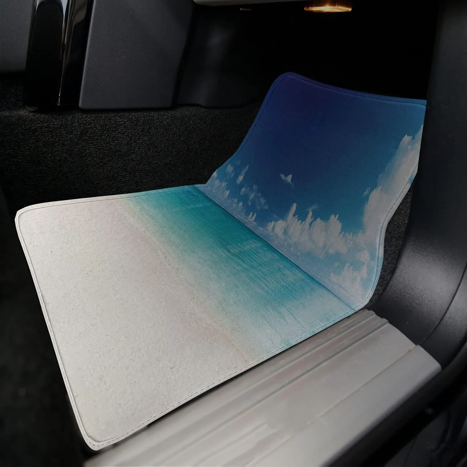 Lunarable Ocean Car Mat Set of 2, Natural Coastal Sandy Beach and Carribean Seashore Heavenly Paradise View Image, Front Seat Floor Mat Durable PVC Backing Accesory, 27.5" x 17.9", Blue Aqua White