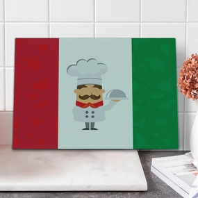 Lunarable Italian Flag Cutting Board, Colorful Caricature Chef Smiling Cuisine Traditional Mediterranean Diet, Decorative Tempered Glass Cutting and Serving Board, Large Size, Green Red