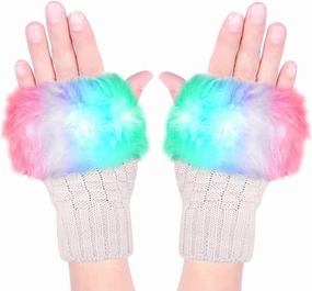 Luwint LED Glow Blink Fur Fingerless Knit Gloves - Funny Light Up Mitten for Party Christmas Halloween Costume