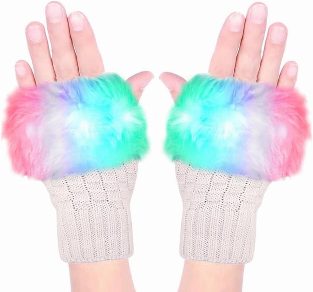 Luwint LED Glow Blink Fur Fingerless Knit Gloves - Funny Light Up Mitten for Party Christmas Halloween Costume