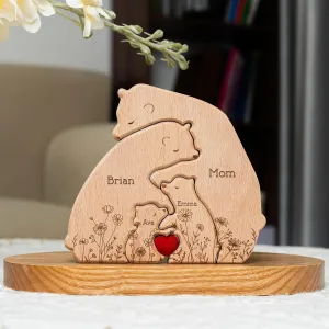 Macorner Personalized Wooden Bear Family Puzzle, Hugging Bear Family Floral Version, Custom Name Sculpture, Home Decoration Gift for Mom, Mom Birthay Gifts, Gifts for Wife