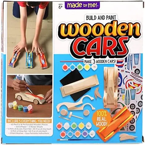 Made By Me Build & Paint Your Own Wooden Cars by Horizon Group USA, DIY Wood Craft Kit, Easy to Assemble & Paint 3 Race Cars, Multicolored