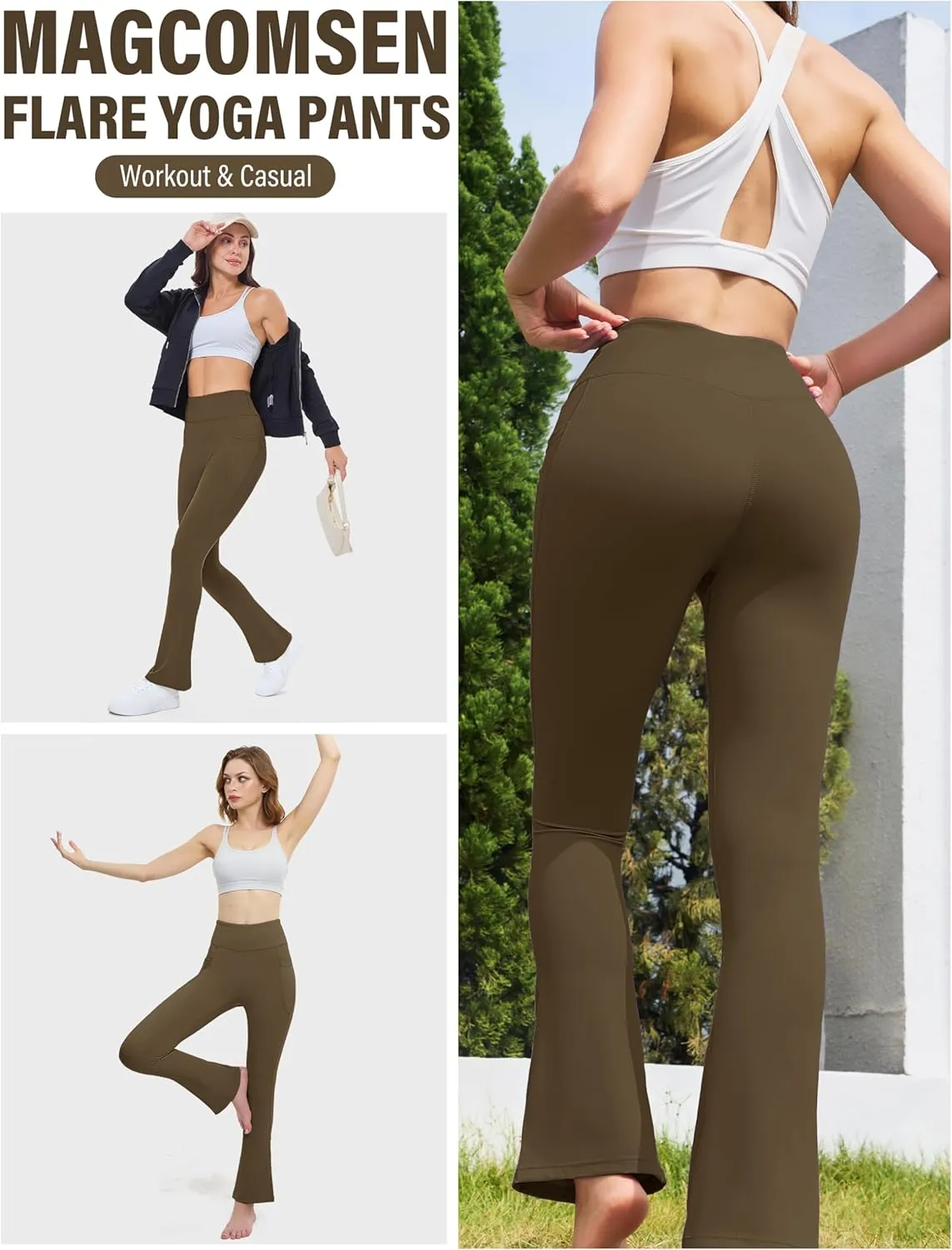 MAGCOMSEN Womens High Waisted Flare Leggings Tummy Control Yoga Pants with Pockets Mini Flared Bootcut Workout Casual