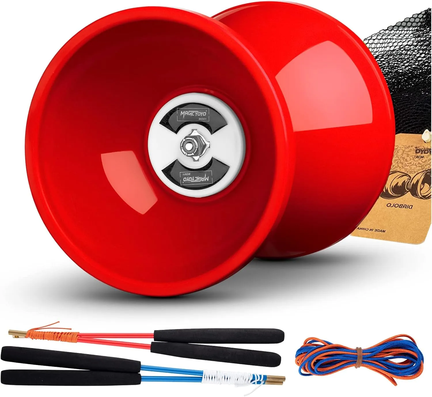 MAGICYOYO Diabolo Pro Triple Bearing, High Performance Red Chinese Yoyo Ball Toy Medium Size 5' with Extra 2 Pair Carbon Sticks   1 Net Bag   2 Diabolo Strings, Ideal Gift for Kids & Adults