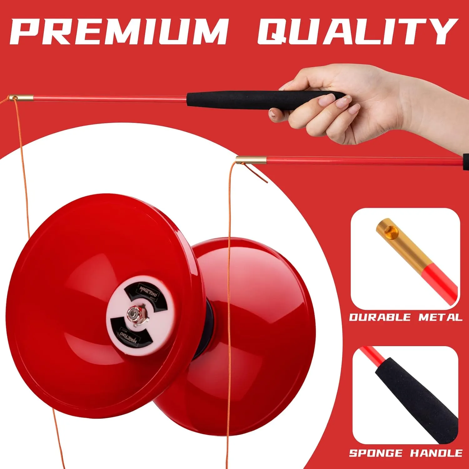 MAGICYOYO Diabolo Pro Triple Bearing, High Performance Red Chinese Yoyo Ball Toy Medium Size 5' with Extra 2 Pair Carbon Sticks   1 Net Bag   2 Diabolo Strings, Ideal Gift for Kids & Adults