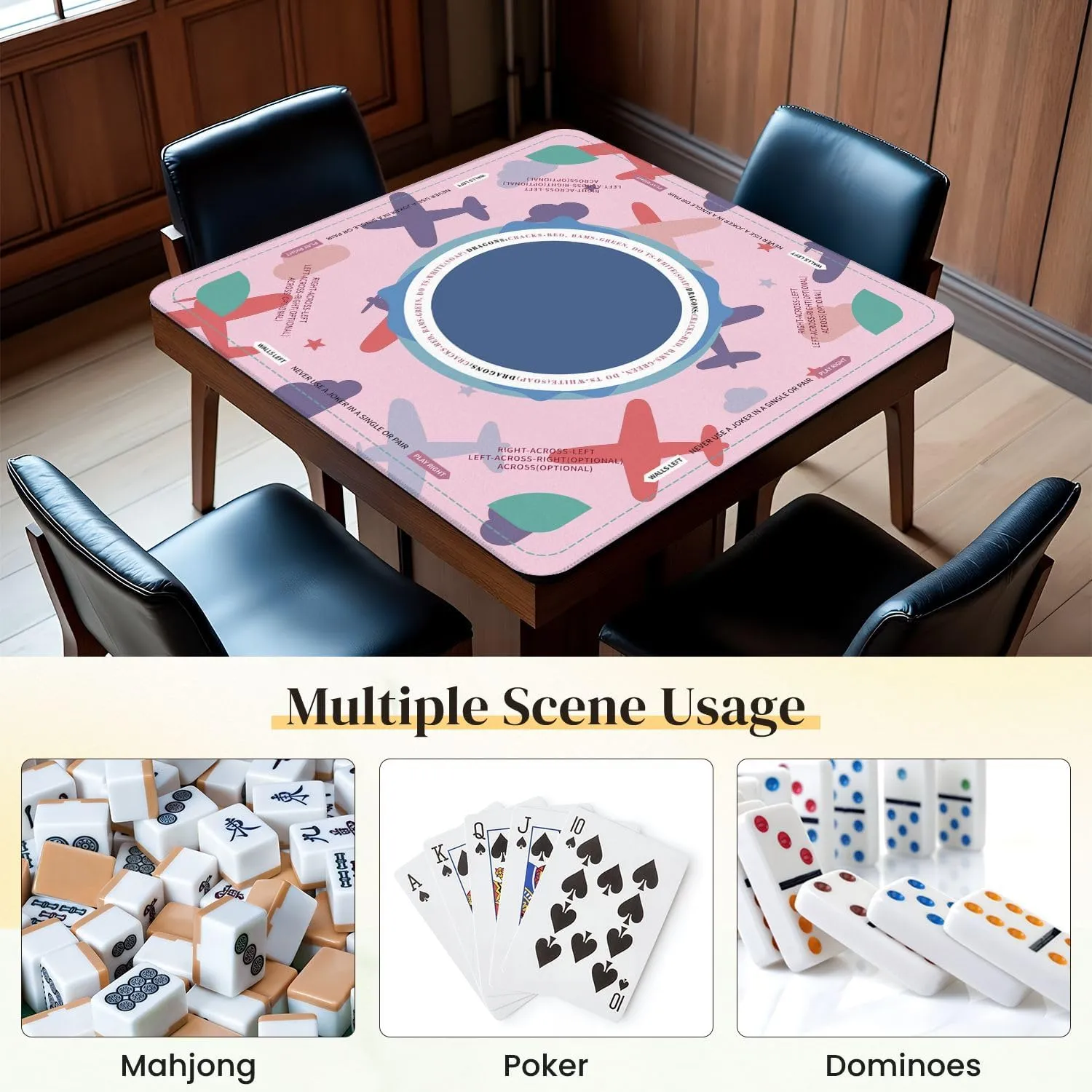 Mahjong Mat for Table Kids Seamless Airplanes Stars Clouds Colorful White Baby 31.5" x 31.5" Non-Slip Noise-Reducing Game Mat Premium Mahjong Accessories for Poker Dominoes Board Games