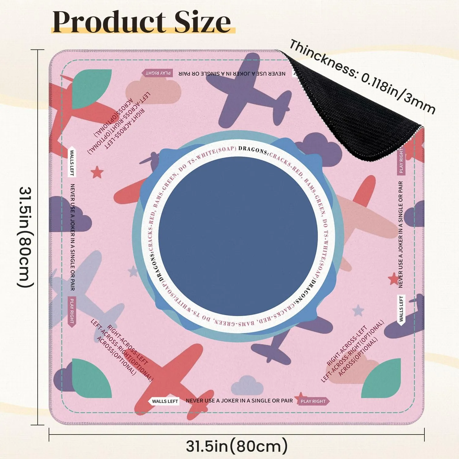 Mahjong Mat for Table Kids Seamless Airplanes Stars Clouds Colorful White Baby 31.5" x 31.5" Non-Slip Noise-Reducing Game Mat Premium Mahjong Accessories for Poker Dominoes Board Games