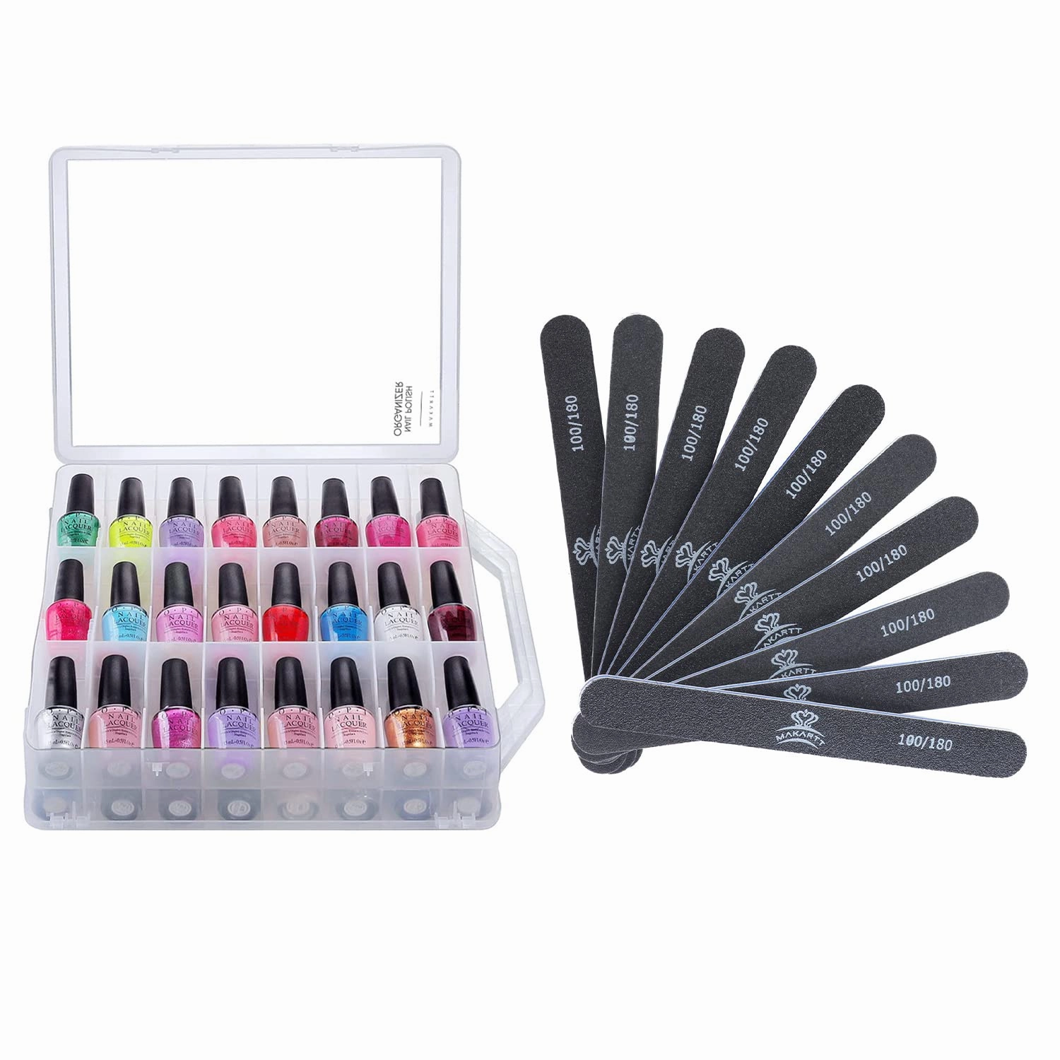 Makartt Nail Polish Organizer, Clear Universal Nail Polish Holder for 48 Bottles Bundle with Nail File 100 180 Grit Emery Boards for Nails 10pcs Nail Files