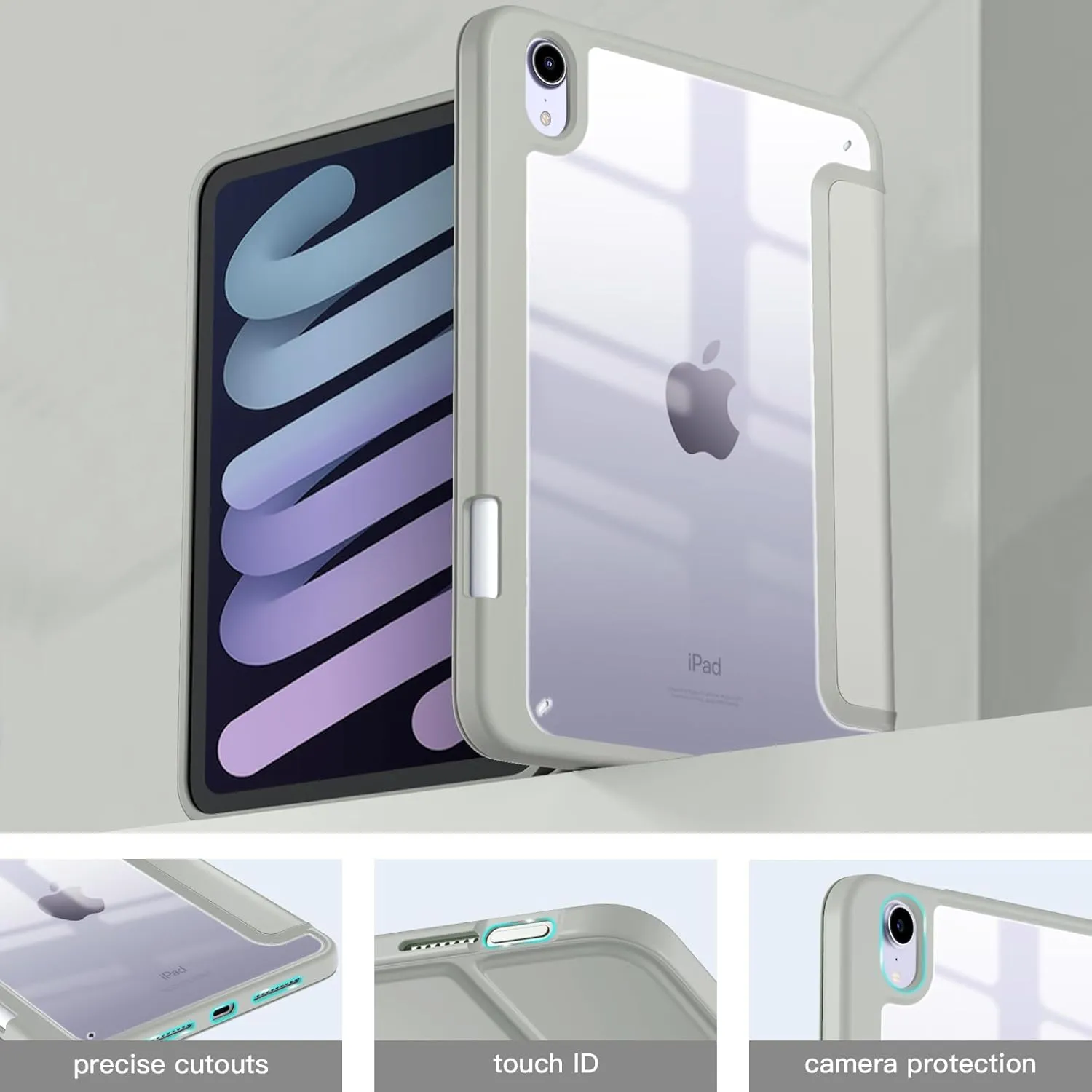 Mastten for iPad Mini 7 Case A17 Pro, for iPad Mini 7th/6th Generation Case 2024/2021 8.3 Inch with Pencil Holder, Hybrid Slim Clear Back Shell Cover Kids, Auto Wake/Sleep, LightGray