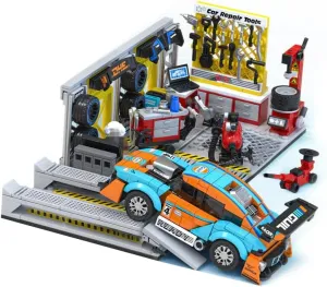 Mechanic Custom Garage Repair Car Parking Shop Building Blocks Set - F1 Racing Cars Parking Lot Toy Playset with Welder,Tire Inflation,Gasoline for Kids Boy and Girl 665PC