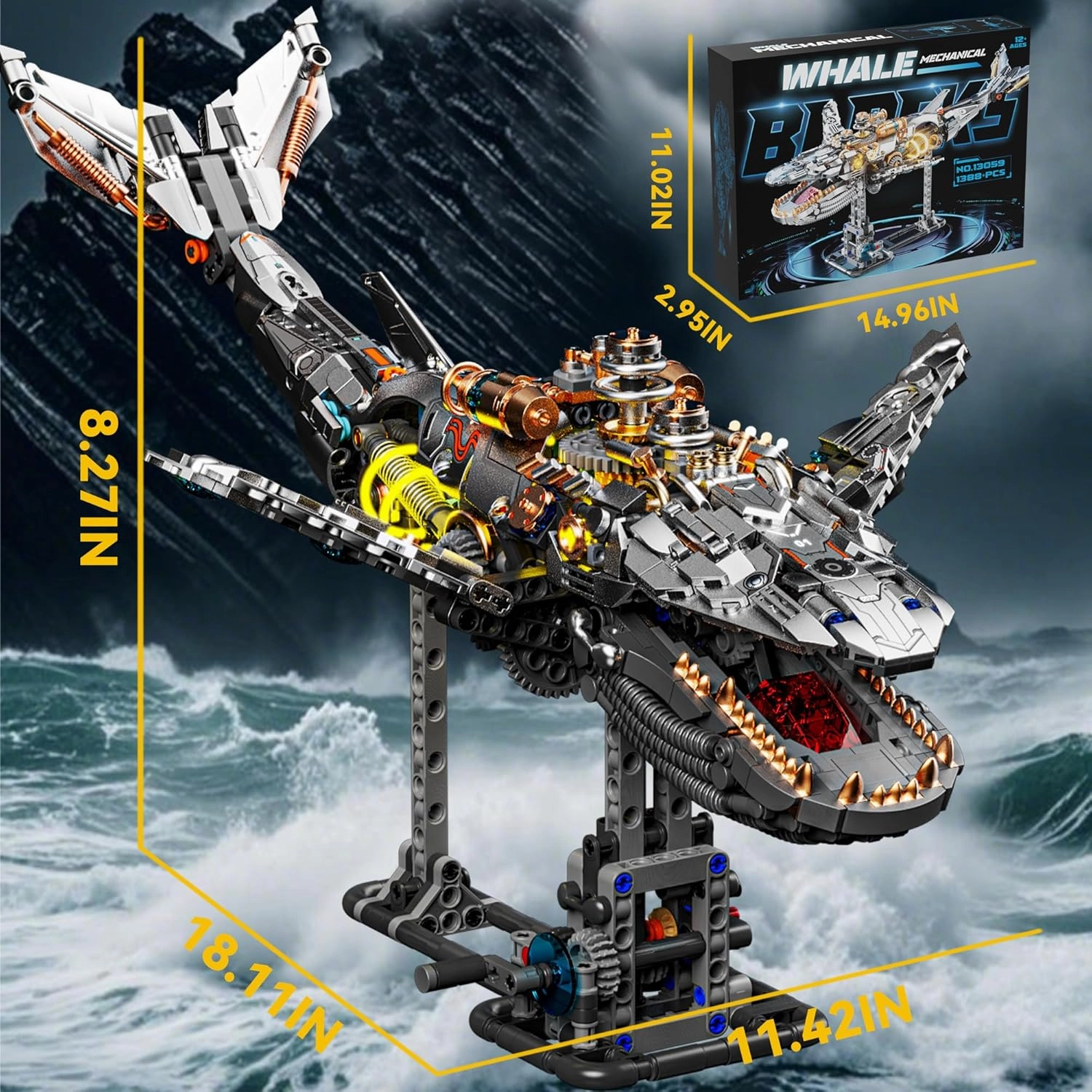 Mechanical Whale Building Set, Ocean Animal Model with Light for Adults & Boys Home Office Decor -1388PCS