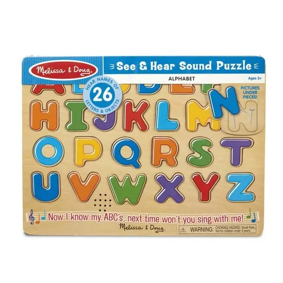 MELISSA & DOUG Alphabet Sound Puzzle: This 26-piece wooden puzzle pronounces the correct name of each letter when it is placed correctly in the puzzle board - 340