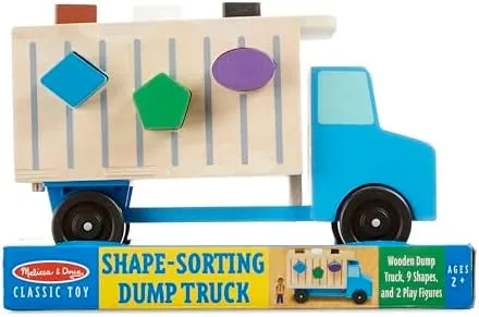 Melissa & Doug Shape-Sorting Wooden Dump Truck Toy, Quality Craftsmanship, 9 Colorful Shapes and 2 Play Figures, 7.5' H X 10.75' W X 4.75' L