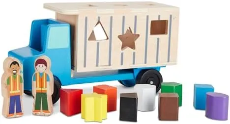 Melissa & Doug Shape-Sorting Wooden Dump Truck Toy, Quality Craftsmanship, 9 Colorful Shapes and 2 Play Figures, 7.5' H X 10.75' W X 4.75' L