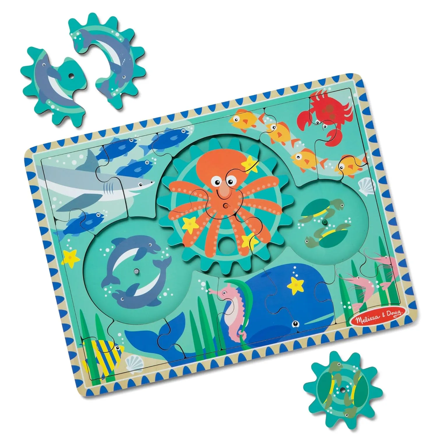 Melissa & Doug Wooden Underwater Jigsaw Spinning Gear Puzzle – 18 Pieces Wooden Puzzle for Toddlers and Preschoolers, for Boys and Girls Ages 3 