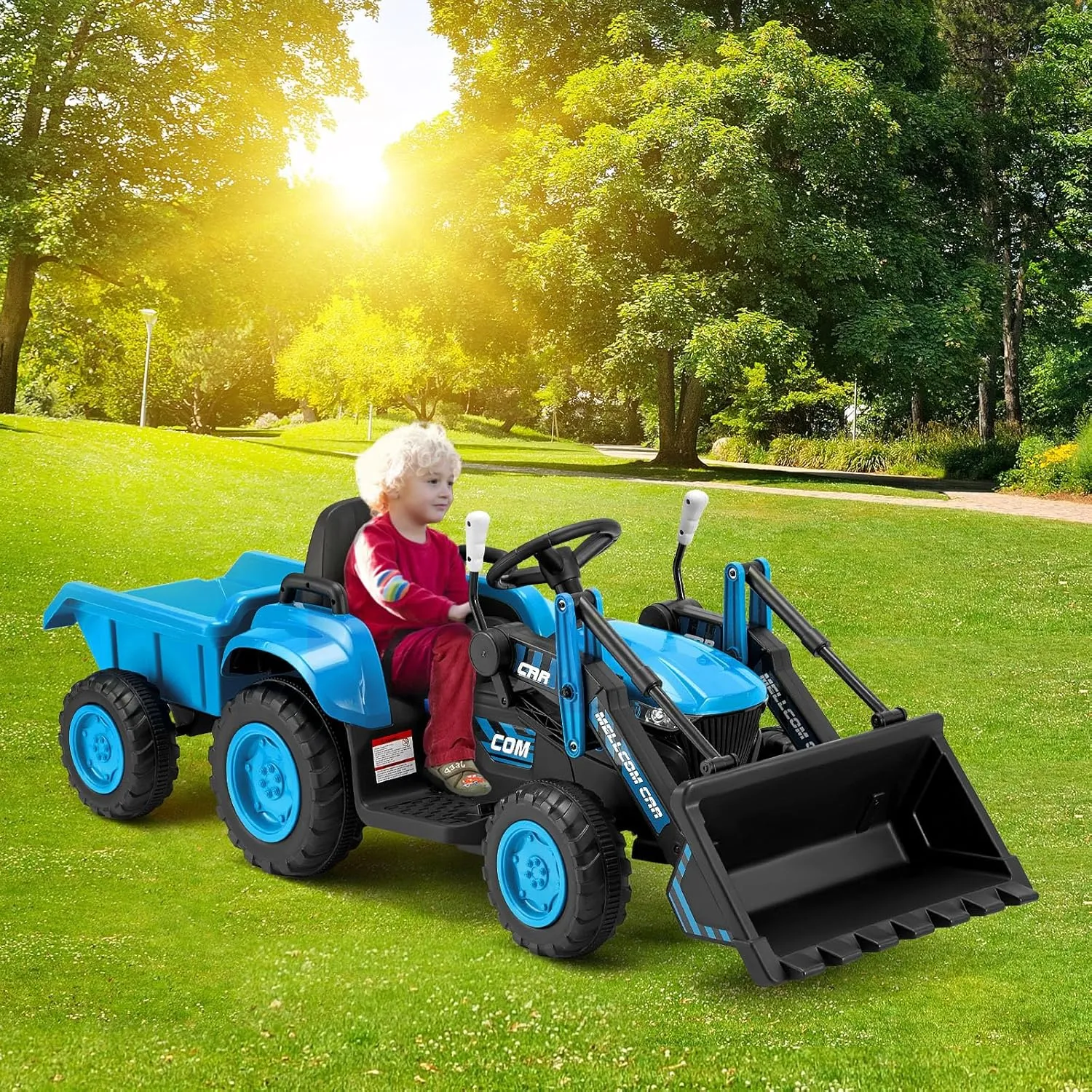 MELLCOM Ride on Bulldozer, Ride on Excavator with Detachable Trailer, 12V Kids Electric Vehicles Ride on Toy with Remote Control, Kids Car with Bucket, Horn, Lights, Music Player, Safety Belt, Blue
