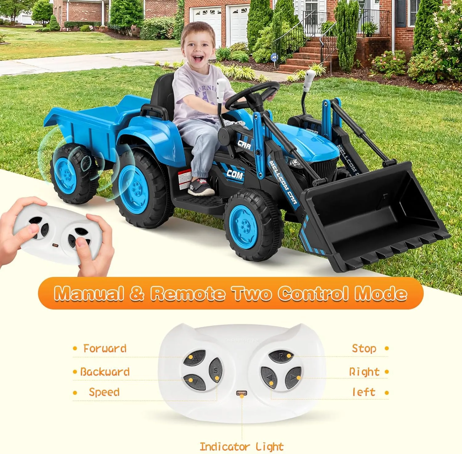 MELLCOM Ride on Bulldozer, Ride on Excavator with Detachable Trailer, 12V Kids Electric Vehicles Ride on Toy with Remote Control, Kids Car with Bucket, Horn, Lights, Music Player, Safety Belt, Blue