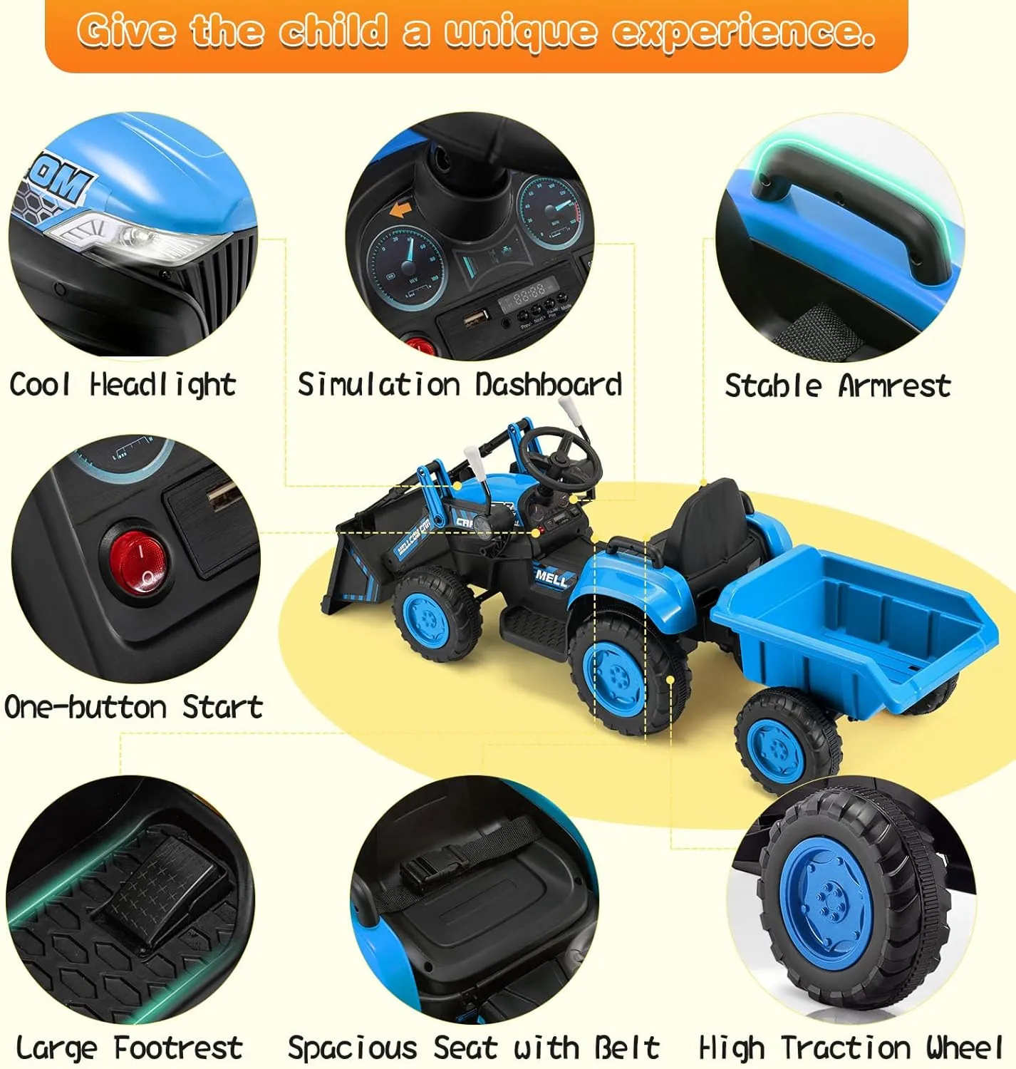MELLCOM Ride on Bulldozer, Ride on Excavator with Detachable Trailer, 12V Kids Electric Vehicles Ride on Toy with Remote Control, Kids Car with Bucket, Horn, Lights, Music Player, Safety Belt, Blue