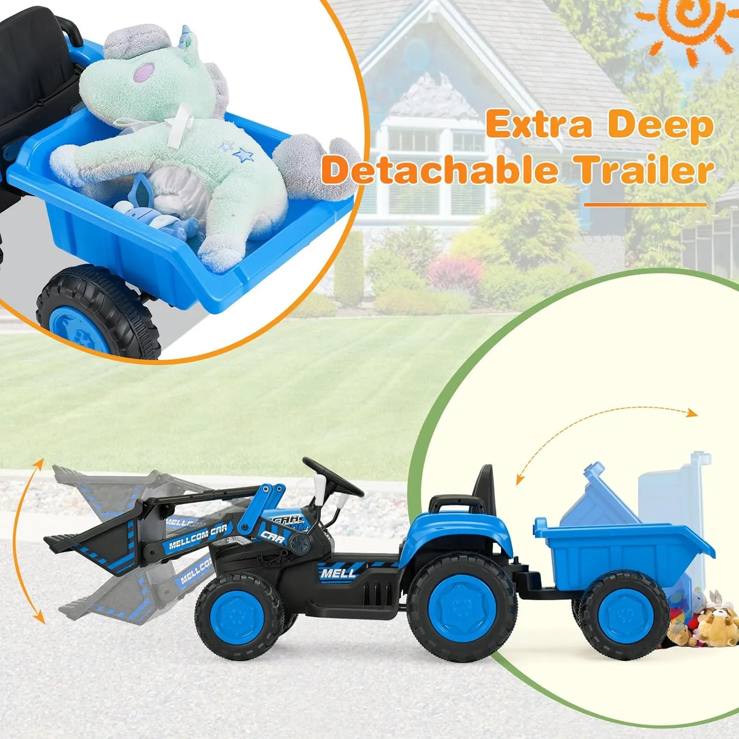MELLCOM Ride on Bulldozer, Ride on Excavator with Detachable Trailer, 12V Kids Electric Vehicles Ride on Toy with Remote Control, Kids Car with Bucket, Horn, Lights, Music Player, Safety Belt, Blue